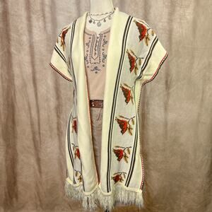 Vintage 70s Fringe Cardigan Shawl Western Bird Poncho Knit Southwestern Boho